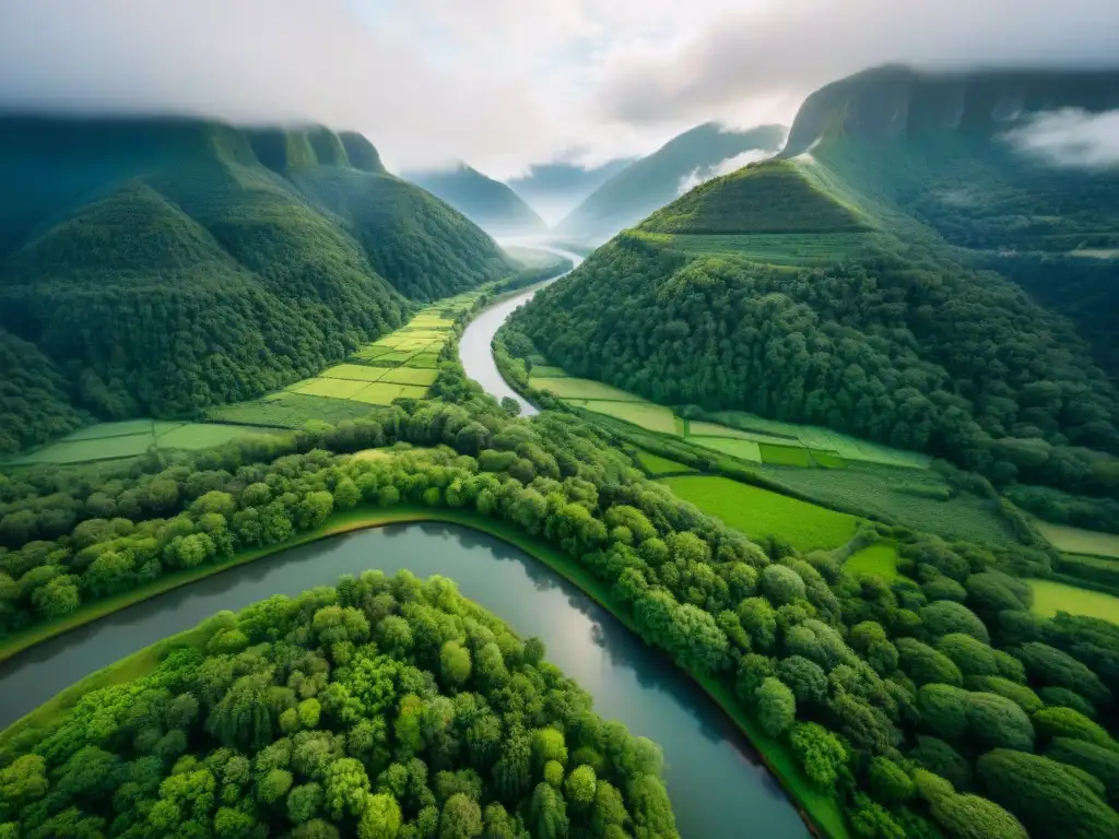 Vista aérea de exuberante paisaje verde, ríos serpenteantes y majestuosas montañas