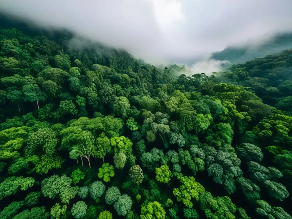 Vista aérea de exuberante selva con luz filtrada, destacando red de árboles y ríos