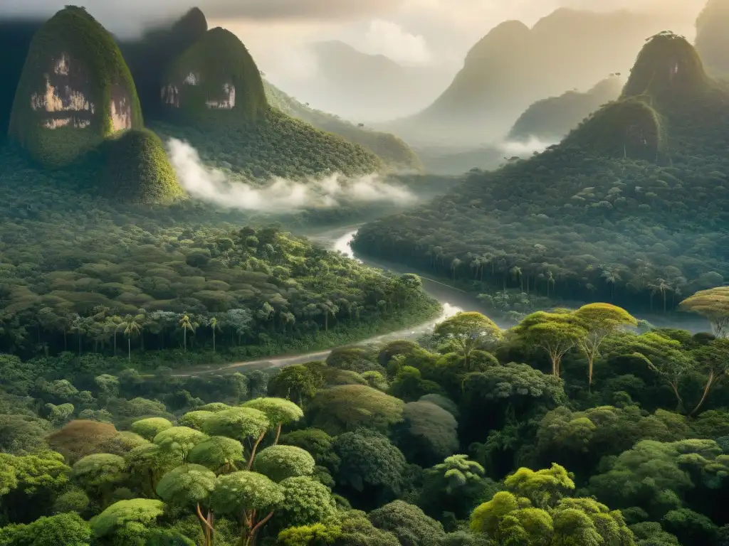 Vista aérea sepia de exuberante selva tropical con diversa fauna