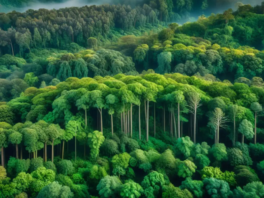 Vista aérea de un frondoso bosque en sepia, con luz filtrándose entre las hojas