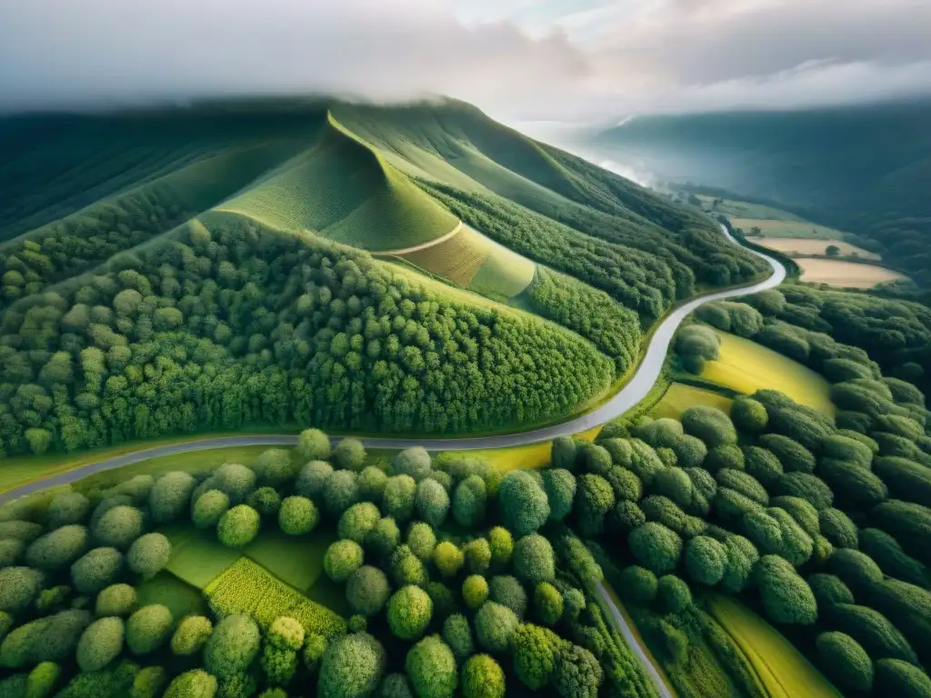 Vista aérea impresionante de paisaje con colinas, río y bosques