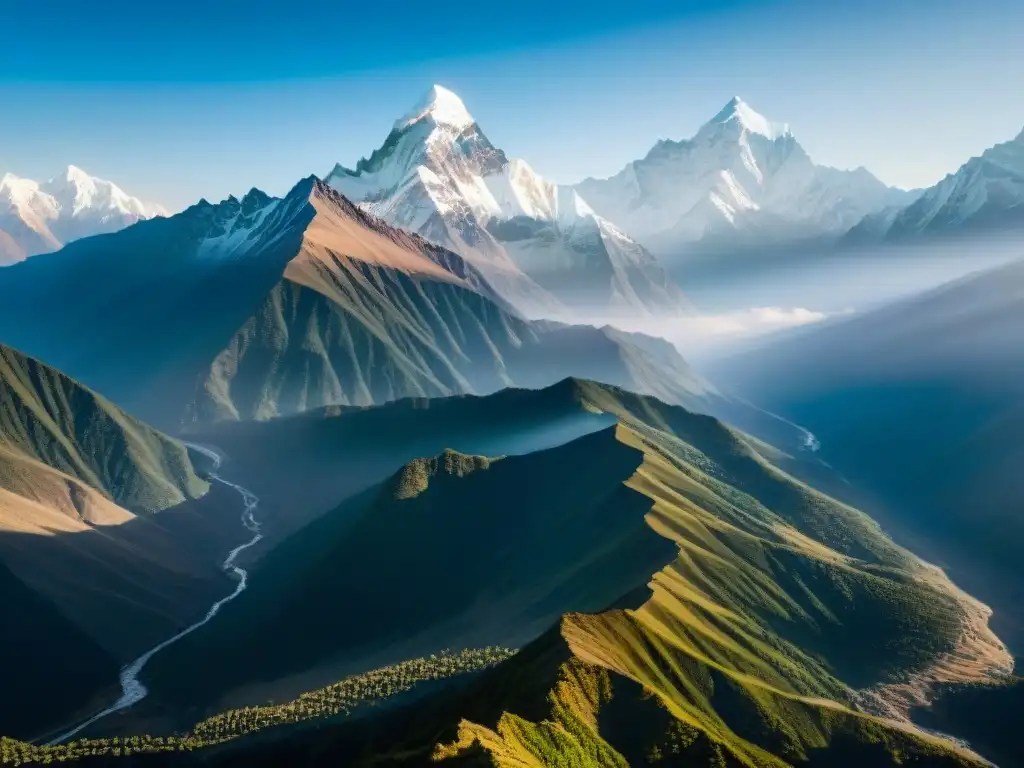 Vista aérea sepia de la majestuosa cordillera del Himalaya, con picos imponentes y valles profundos