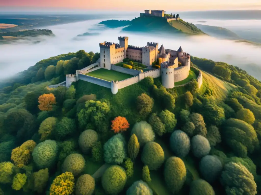 Vista aérea de un majestuoso castillo rodeado de vegetación, capturado al atardecer por un dron