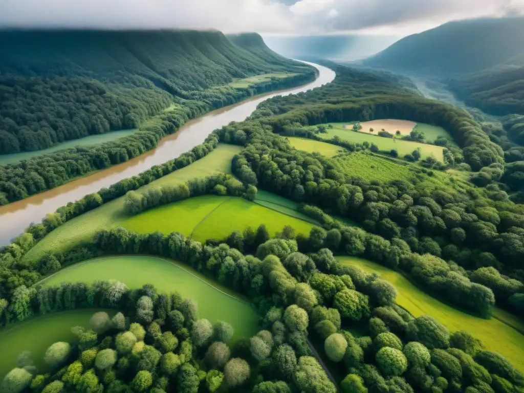 Vista aérea sepia de paisaje verde con río serpenteante