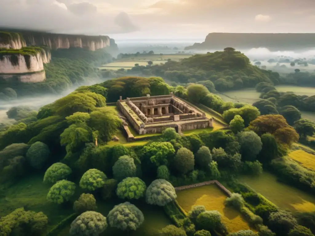 Vista aérea sepia de sitio arqueológico rodeado de vegetación, destacando la importancia de los drones en la preservación de sitios históricos