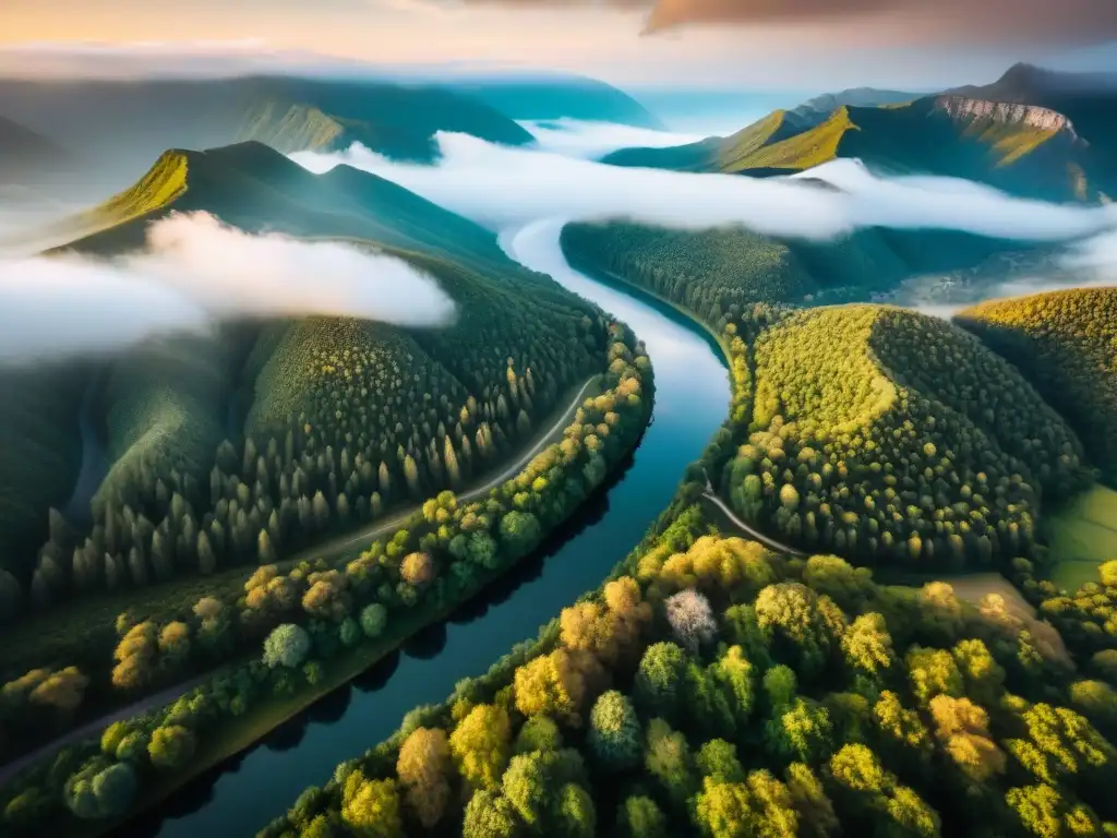 Vista aérea de terreno montañoso capturado por dron, con detalles de ríos, bosques y acantilados, en tonos sepia