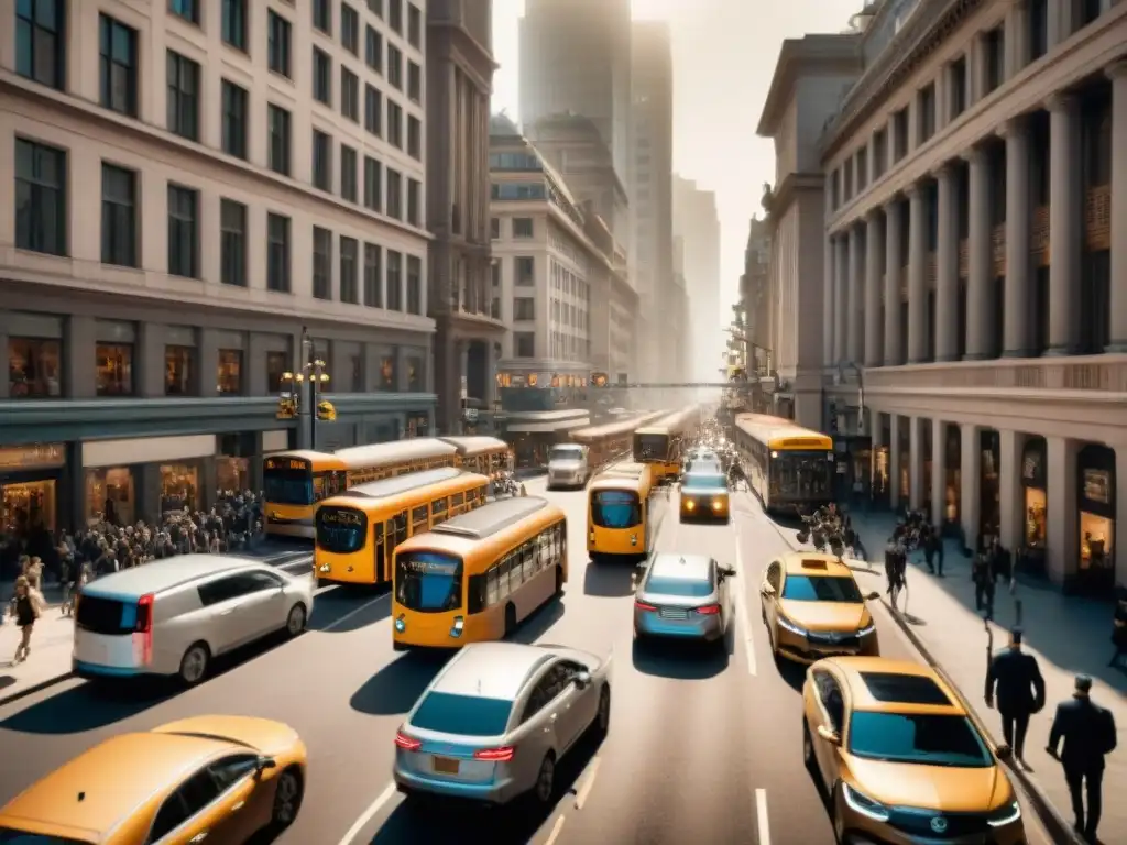 Vida urbana en sepia: movimiento y conexión en la ciudad Vista desde lo alto de una bulliciosa calle de la ciudad, con personas, autos y buses, en tonos sepia