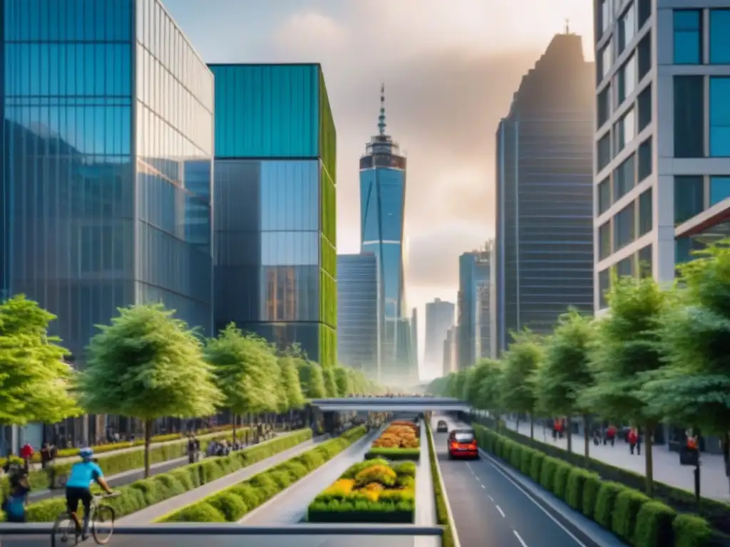 Vista sepia de ciudad moderna y sostenible, con rascacielos, zonas verdes y transporte público