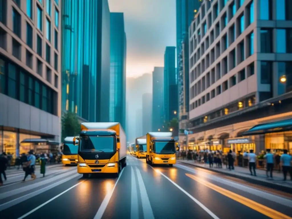 Optimización de rutas: impacto económico y ambiental en la ciudad Vista detallada de una ciudad bulliciosa con camiones de reparto optimizando rutas geoespaciales