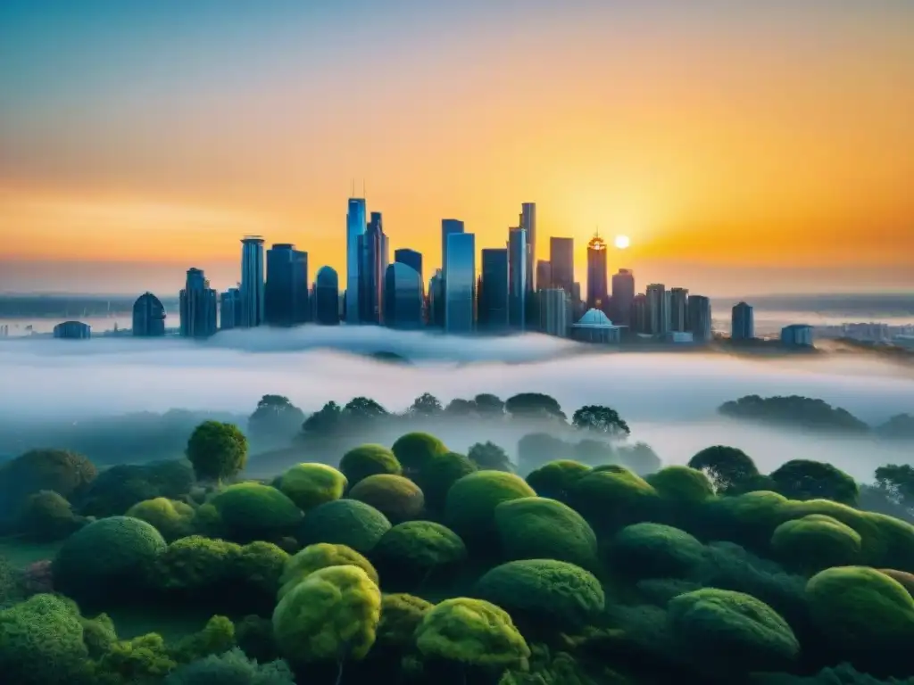 Vista detallada de la ciudad moderna con vegetación, iluminada por el sol poniente