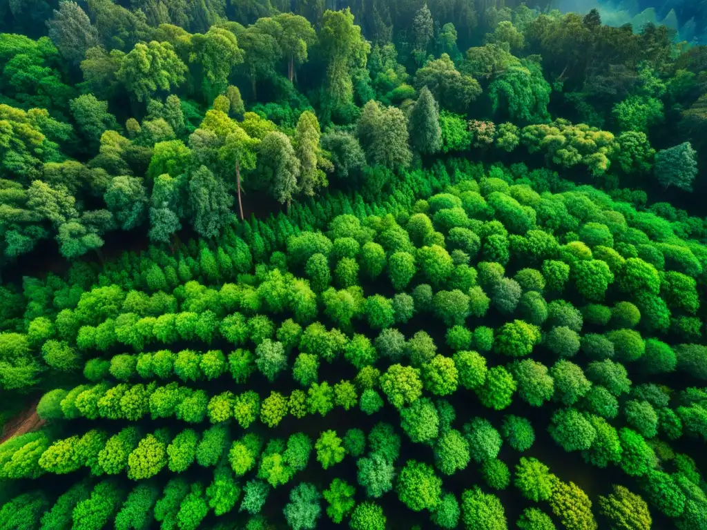 Vista detallada de un dosel forestal con luz solar filtrándose entre las hojas, resaltando la importancia de la conservación de bosques