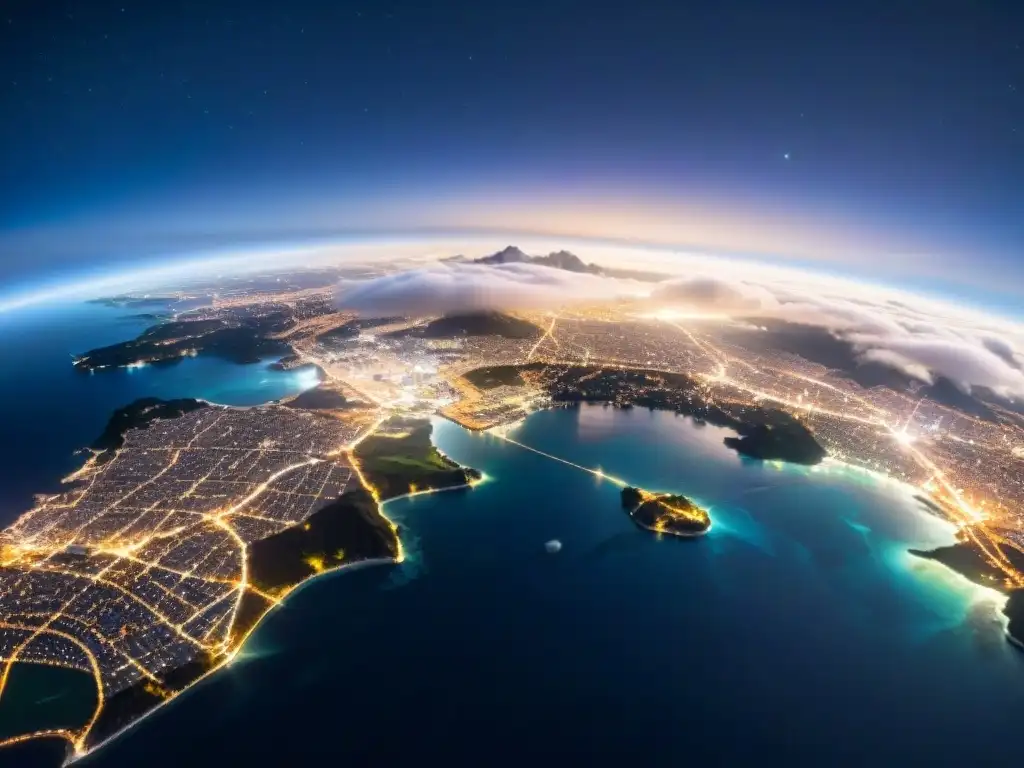 Vista sepia detallada de un satélite en órbita sobre la Tierra, resaltando la red de luces urbanas