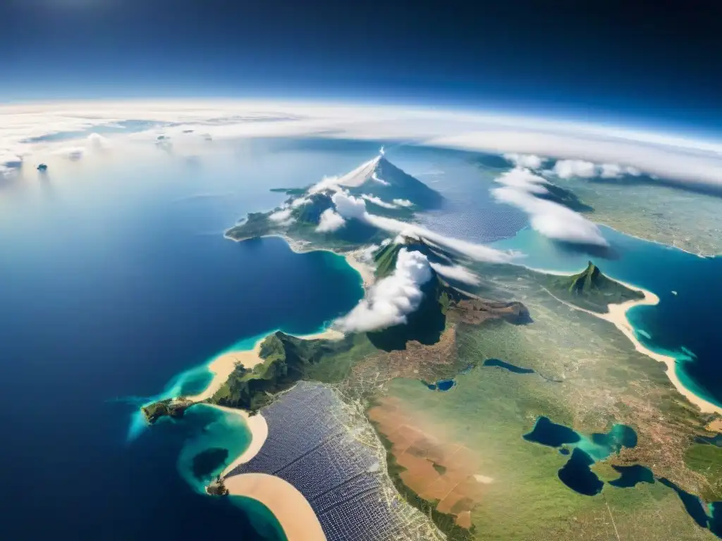 Vista detallada de satélite orbitando la Tierra, reflejando continentes, océanos y nubes