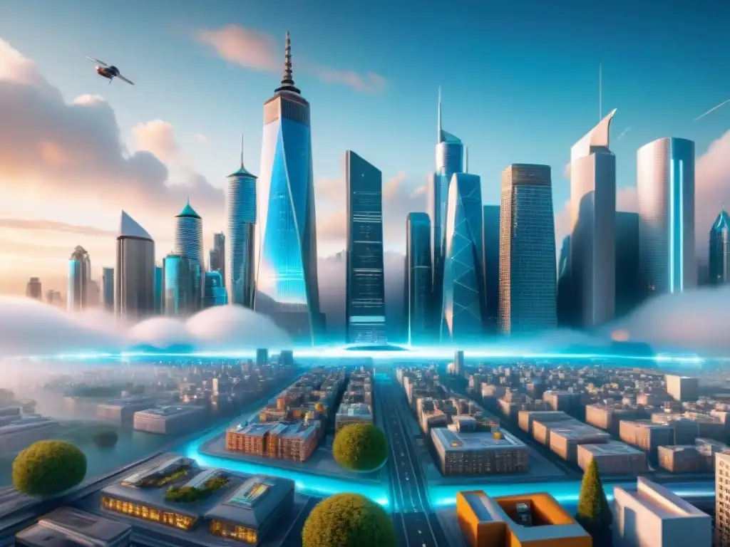 Vista futurista de ciudad con hologramas y autos voladores
