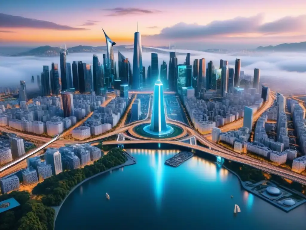 Vista futurista de una ciudad con IA y realidad aumentada en cartografía