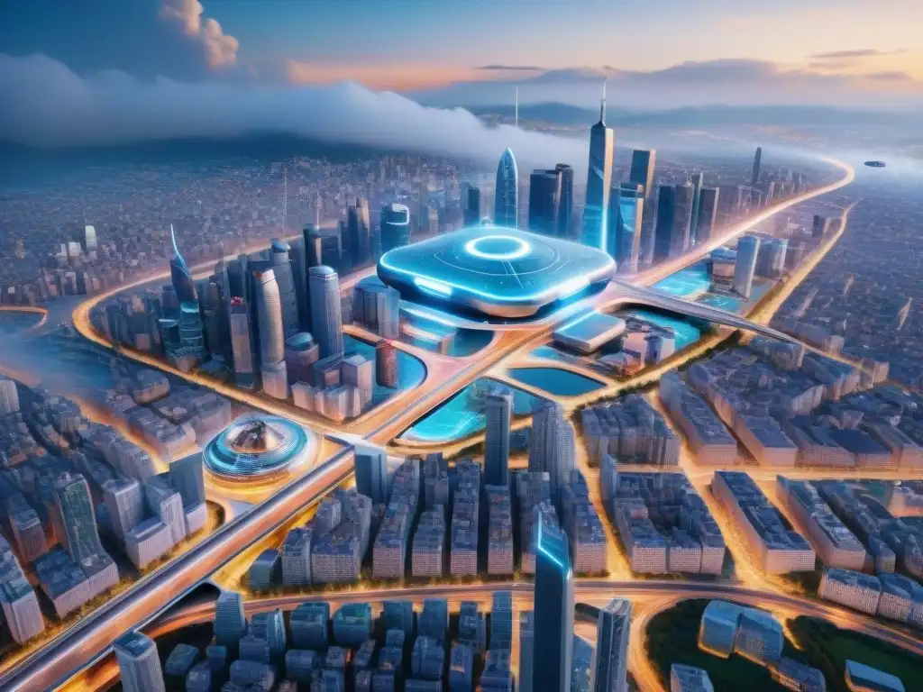 Vista futurista de la ciudad con IA integrada en mapas digitales y hologramas