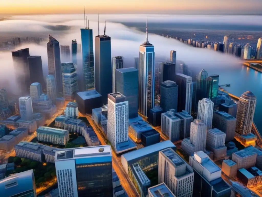 Metrópolis geoespacial: fusión de tradición e innovación Vista panorámica sepia de una ciudad vibrante con rascacielos modernos y edificios históricos, resaltando la fusión de estilos arquitectónicos