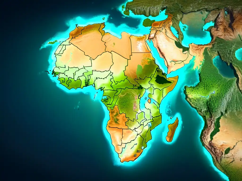 Vista satelital detallada del continente africano con características topográficas, vegetación exuberante y ríos serpenteantes, en tonos sepia cálidos