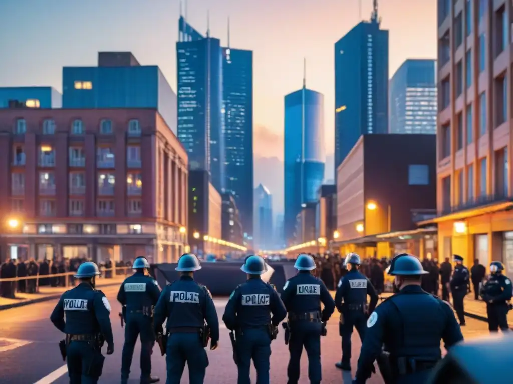 Vista urbana al atardecer con policías patrullando y sospechosos en callejones