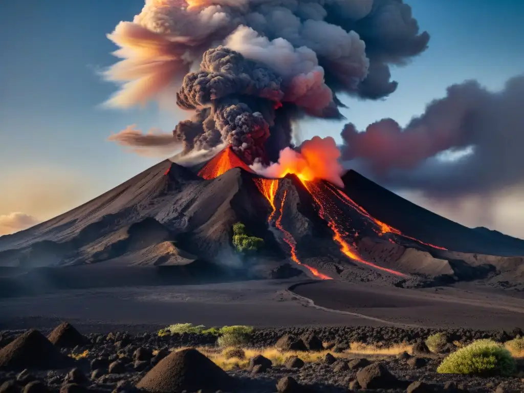 Un volcán en erupción bajo un cielo estrellado, lanzando lava naranja vibrante