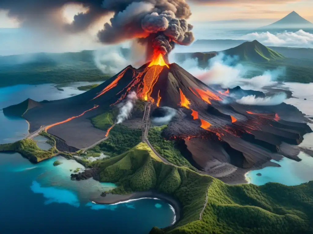 Una representación simbólica de volcanes en un antiguo mapa detallado, con un majestuoso volcán en erupción